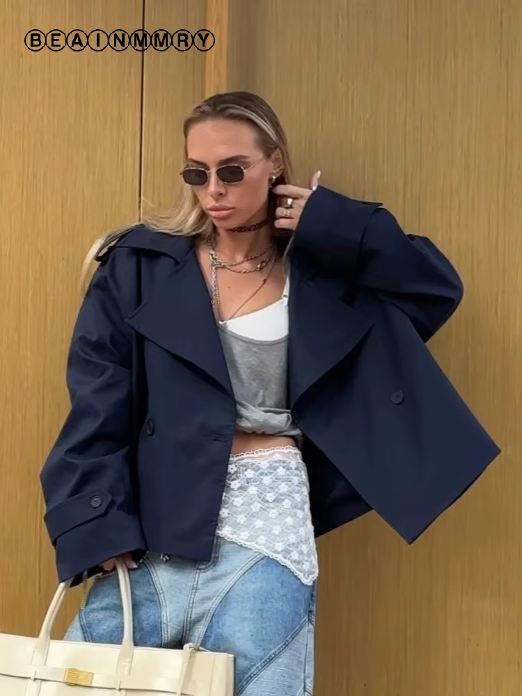 Dame couleur unie à lacets veste élégant Chic à manches longues revers bouton manteau ample automne Style de rue nouvelle veste d'extérieur 2025