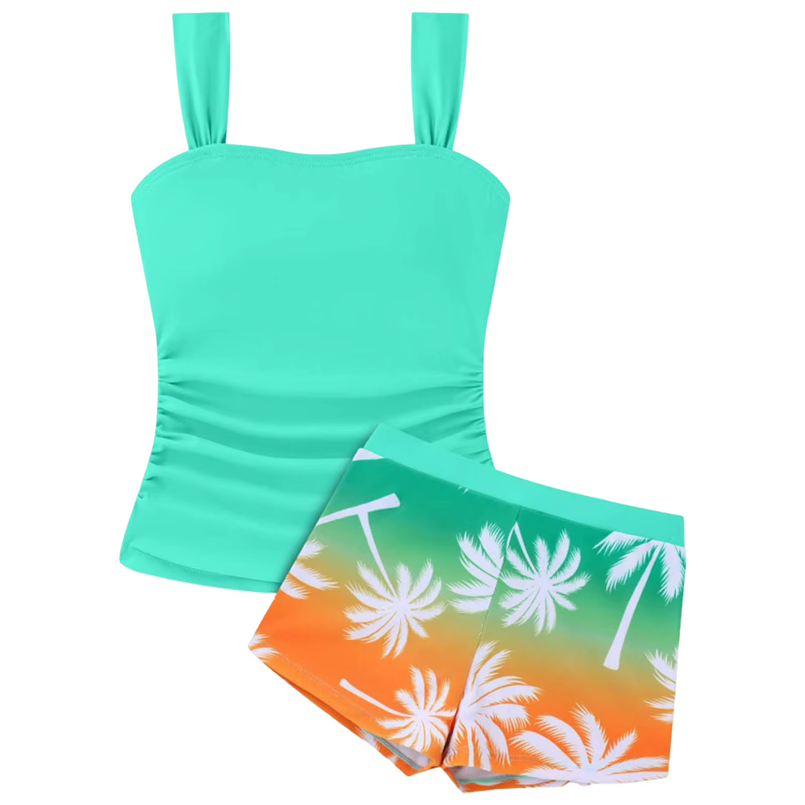 Maillot de bain 2 pièces pour adolescentes 2026 : Haut tankini uni à col carré froncé sur le côté et short – Tenue de plage pour filles