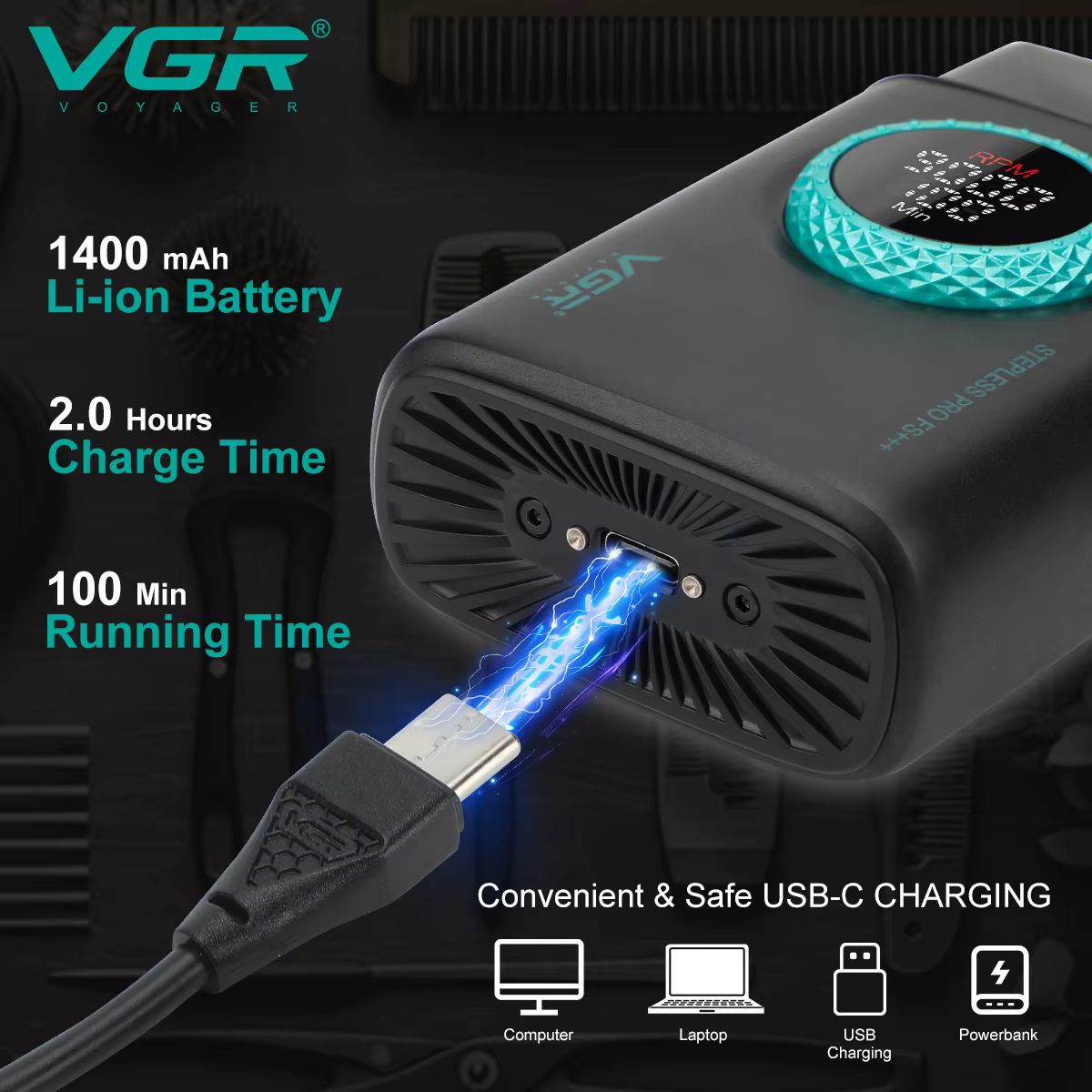 VGR rasoir pour hommes haut de gamme en alliage alternatif à trois lames rasoir LED affichage numérique intelligent 9000 vitesses tondeuse à cheveux V-378