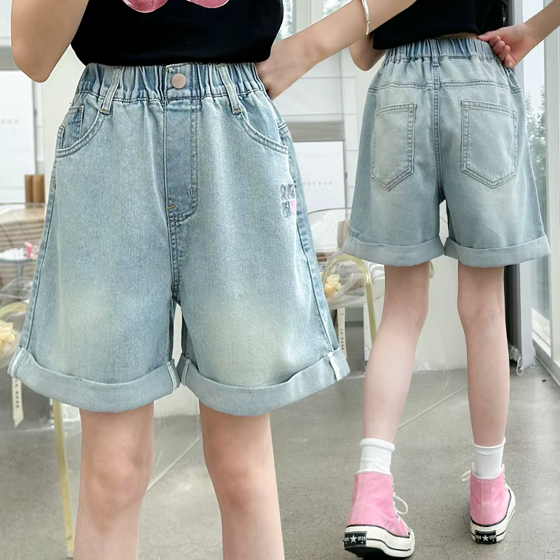 Short en jean délavé pour adolescentes, avec broderie de cœur, demi-mini jean pour enfants de 5 à 14 ans, à la mode, ample, été