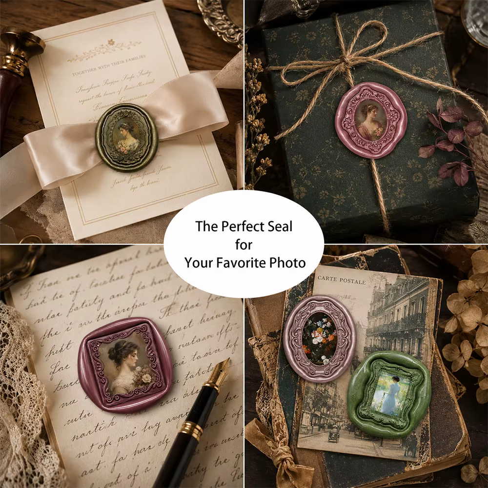 Kit de sceau de cire vintage avec cadre en laiton 3D en relief et manche en bois pour invitations DIY, enveloppes et scellage de colis cadeaux