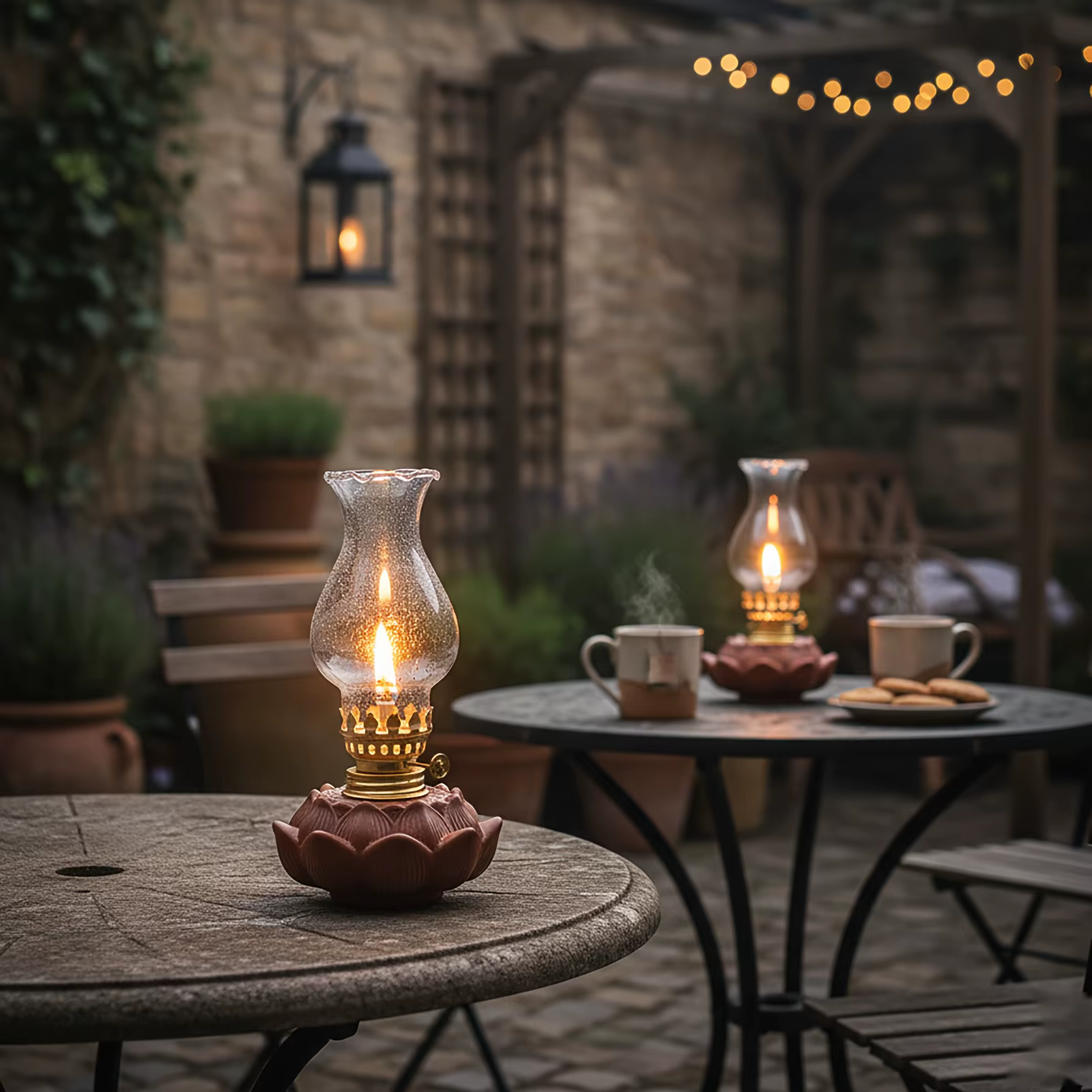 Lampe à huile vintage en céramique Lotus, coupe-vent, avec abat-jour en verre, mèche réglable, éclairage intérieur et extérieur pour le camping