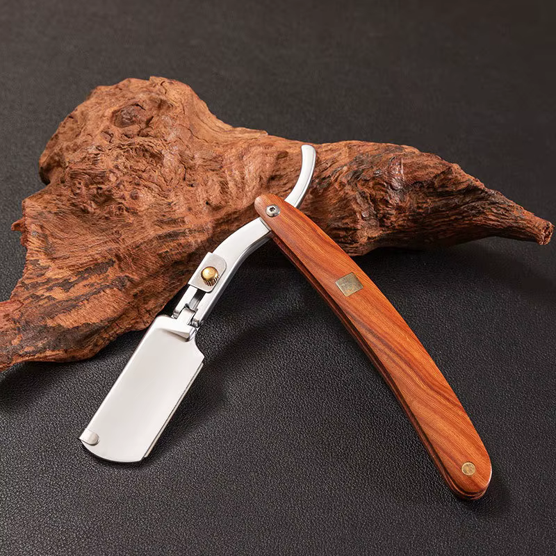 Nouveaux rasoirs droits pour hommes manche en bois naturel adapté aux lames à Double bord rasoir de barbier professionnel et fermé