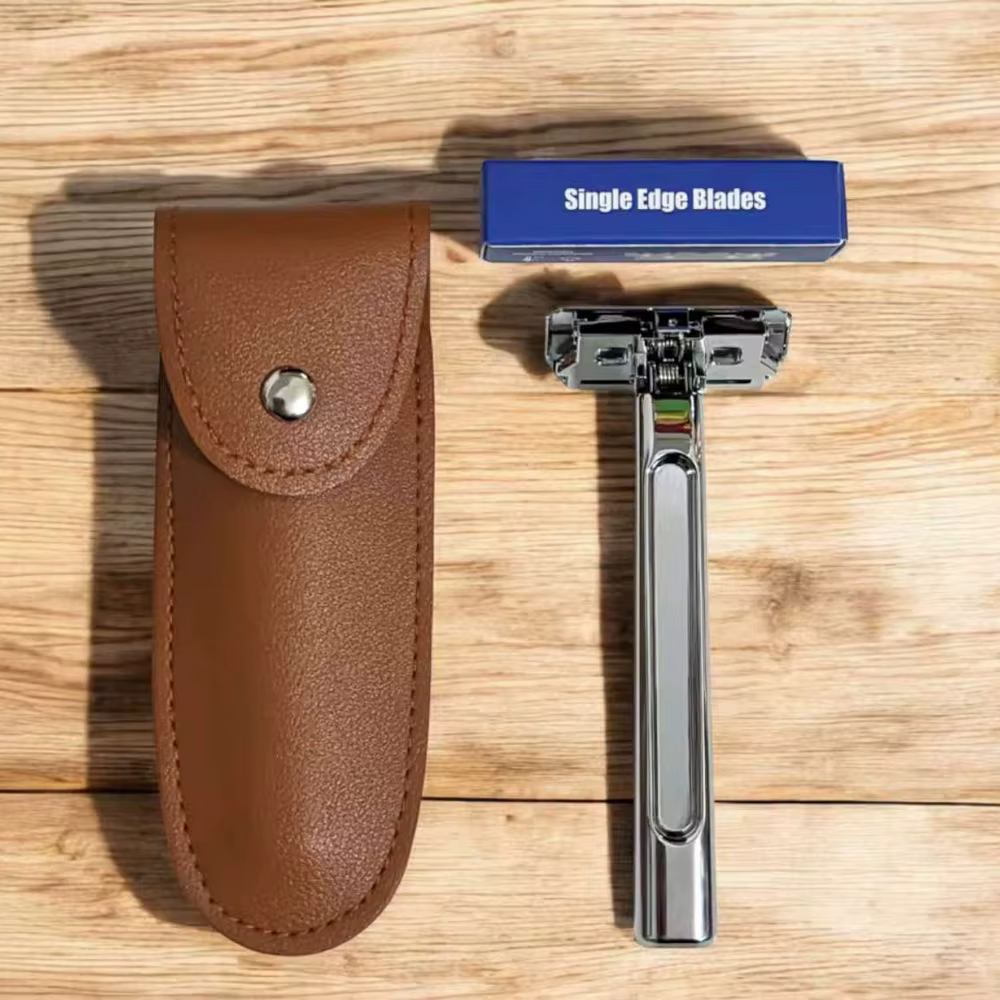 RZACLEA 20T Glide Pro 4D Rasoir de sécurité à double tranchant avec demi-lame et étui de voyage en cuir pour l'entretien masculin