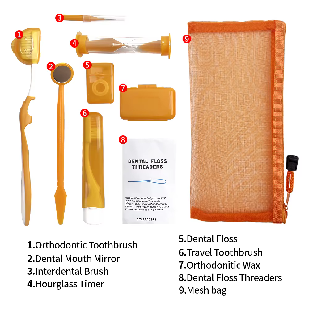 Kit de Soins Orthodontiques, Hygiène Buccale, Livres de Dents, Miroir Buccal, Brosse Interdentaire, Fil d'Avertissement, 8 Pièces/Ensemble