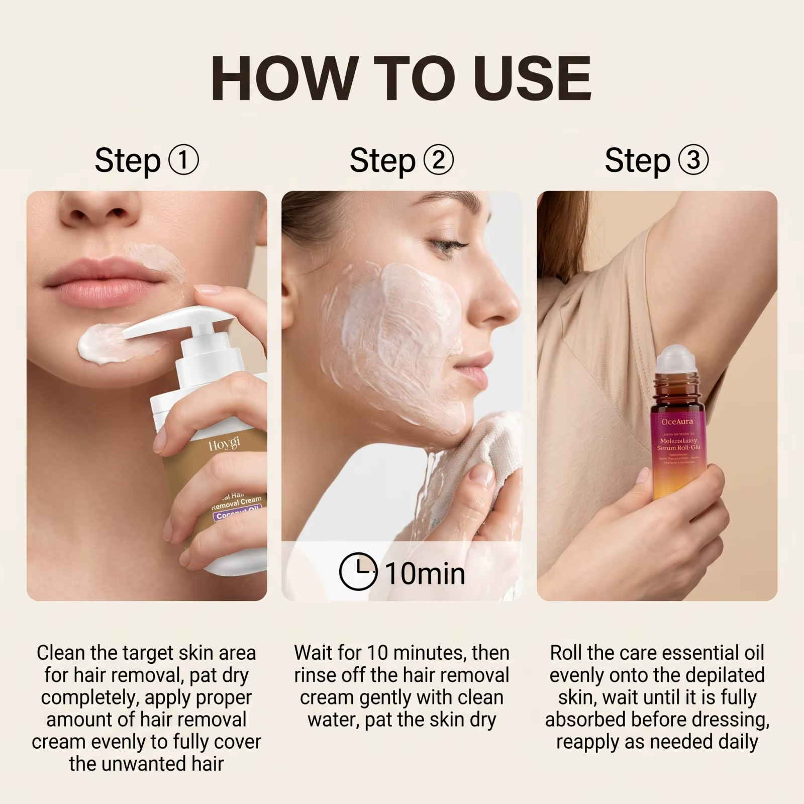 Crème dépilatoire visage et huile roll-on après-épilation – Formule douce à la noix de coco pour une peau lisse et