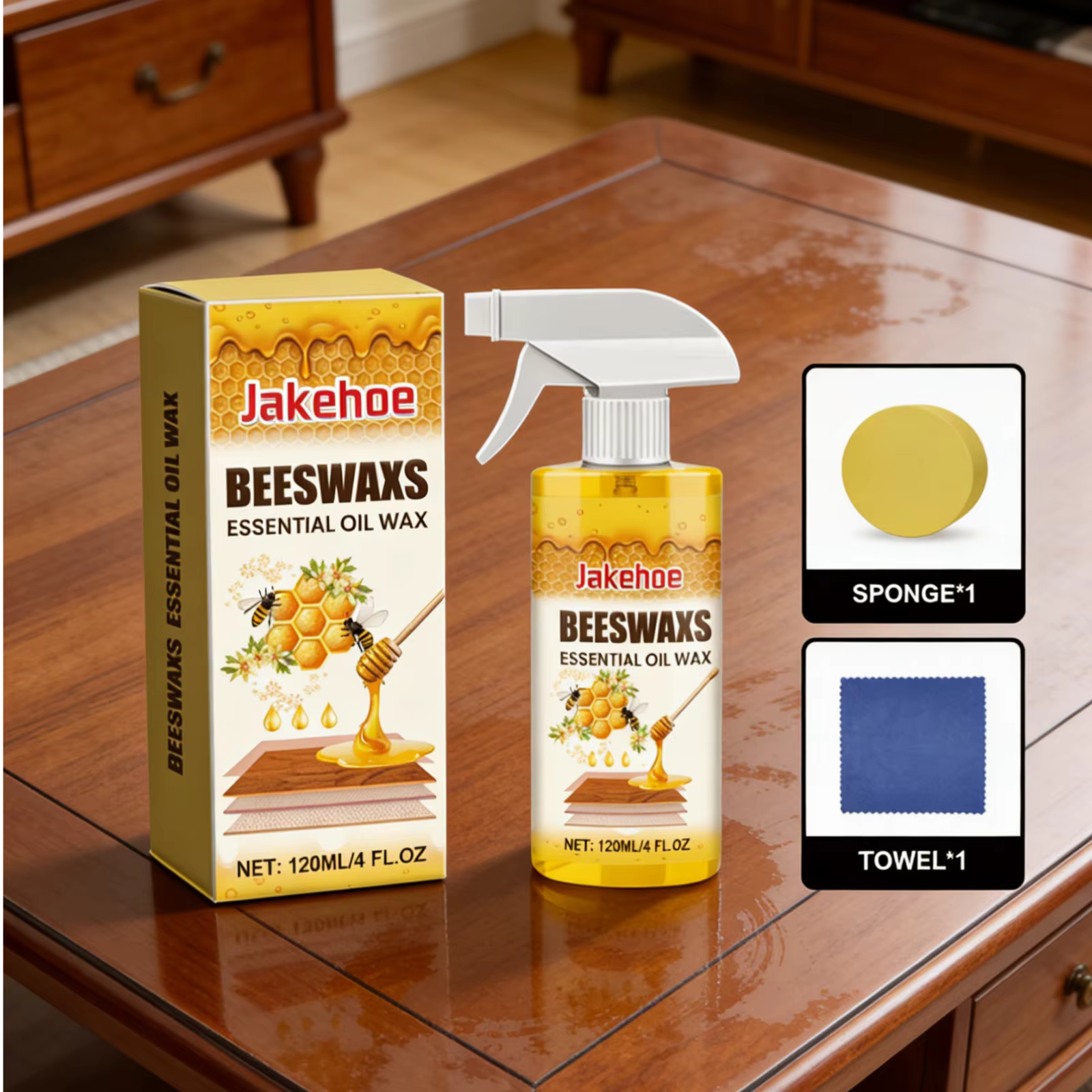 Jakehoe Cire d'abeille et Huile Essentielle pour Portes de Placards, Sols, Élimination des Taches, Nourrissant en Profondeur, Spray Polissant pour Bois avec Éponge et Serviette