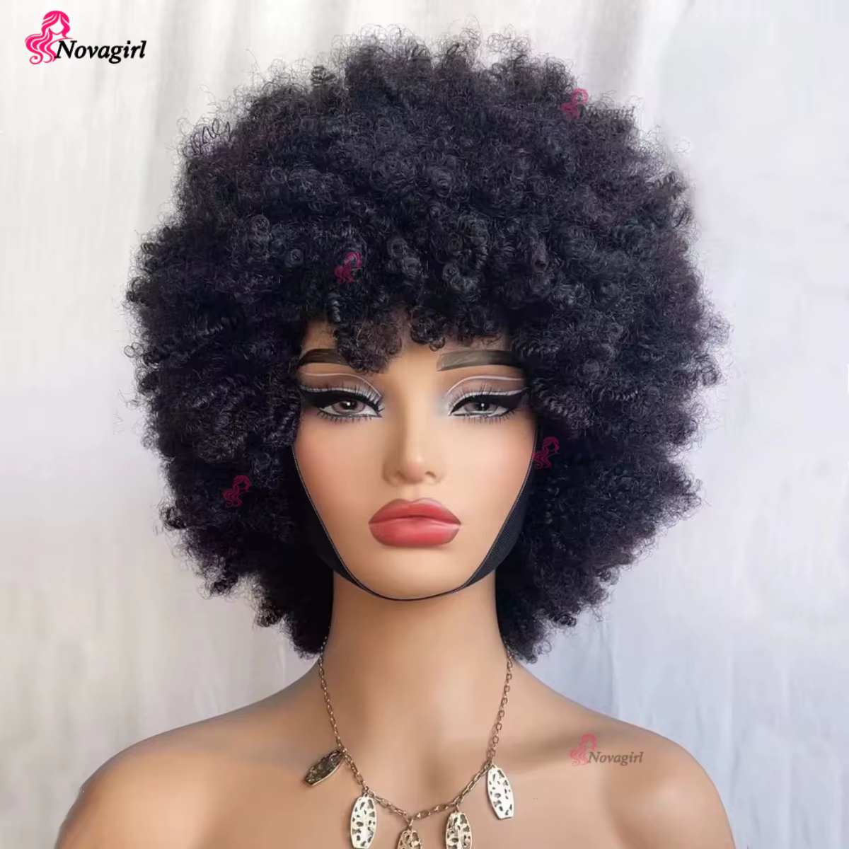 Perruque afro des années 70 pour femmes, perruque afro courte bouclée crépue noire naturelle, perruque sans colle avec frange, perruque afro volumineuse et rebondissante