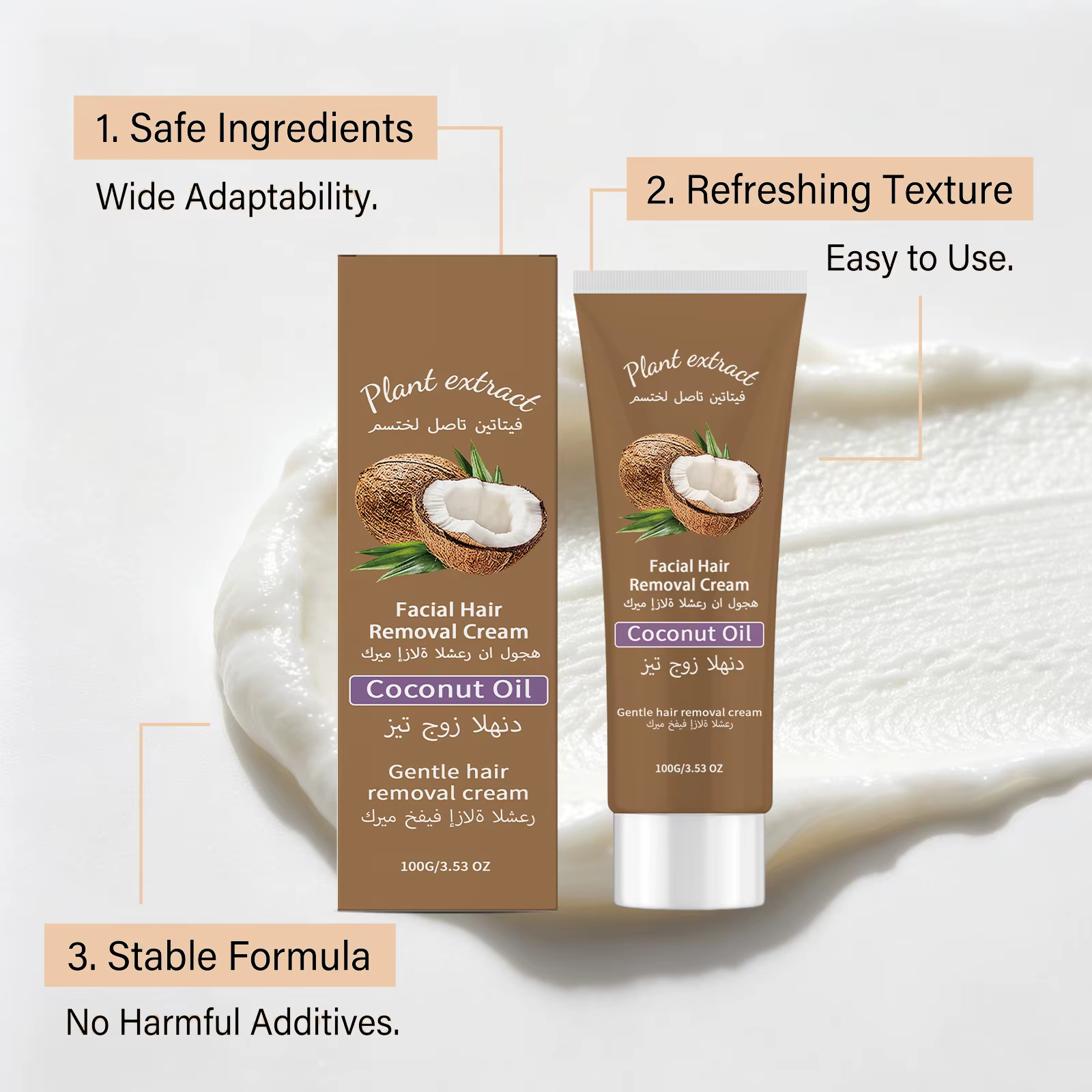 Crème dépilatoire douce 100g à l'huile de coco et à la pêche pour le visage