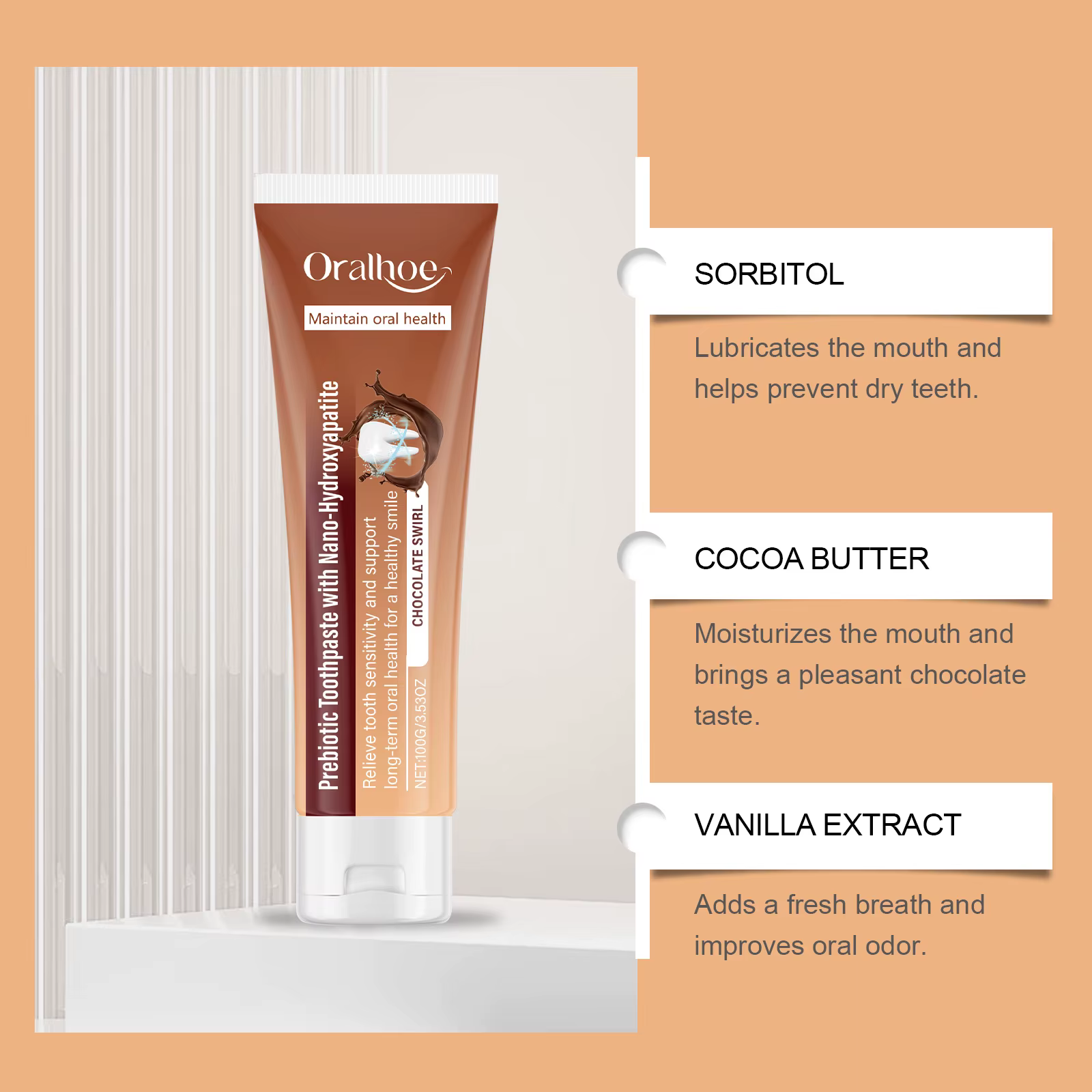 Dentifrice au chocolat - Nettoyage doux de la plaque dentaire et des taches, rafraîchit l'haleine et prend soin des dents