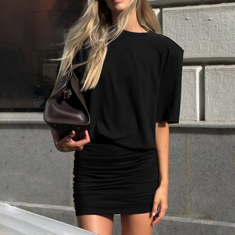 Robe moulante plissée à col rond pour femme, nouvelle collection Printemps 2026, style sexy et séduisant