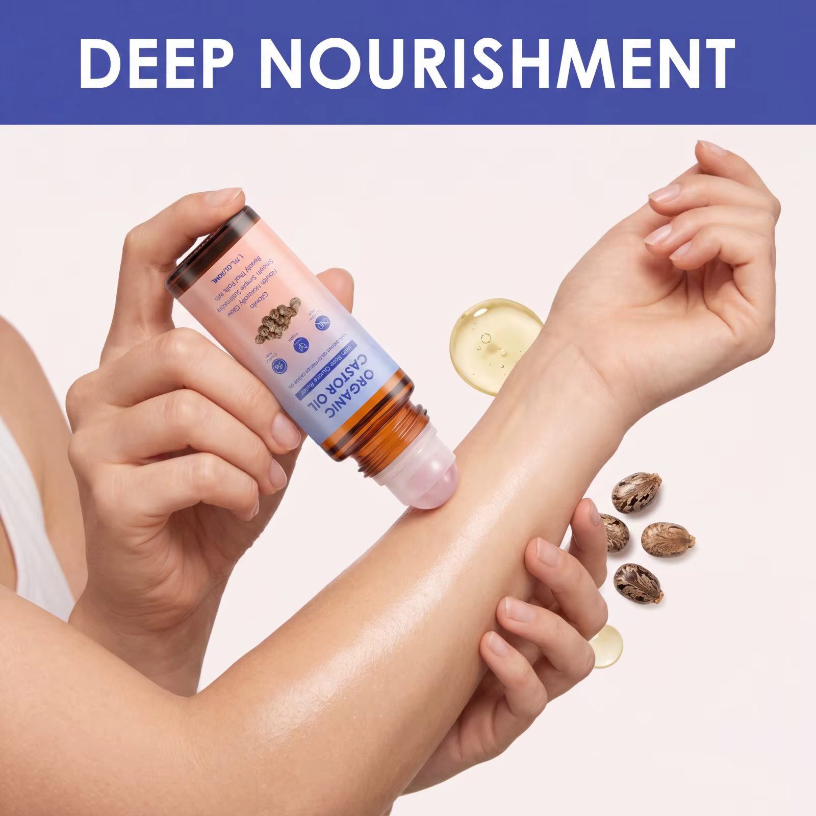 Huile de ricin biologique avec rouleau en quartz rose pour le soin du visage et du corps