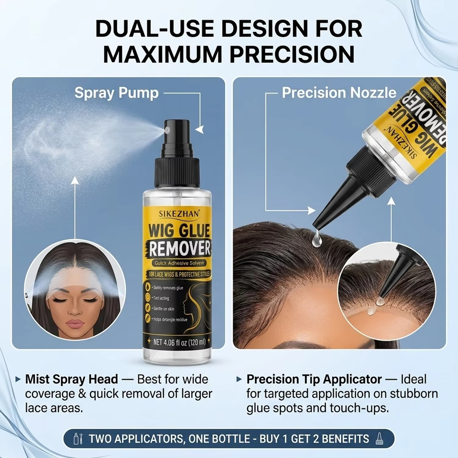 SIKEZHAN 120ml Dissolvant de colle pour perruque, spray doux aux agrumes pour adhésif de dentelle avec embout de précision pour toupets et extensions capillaires