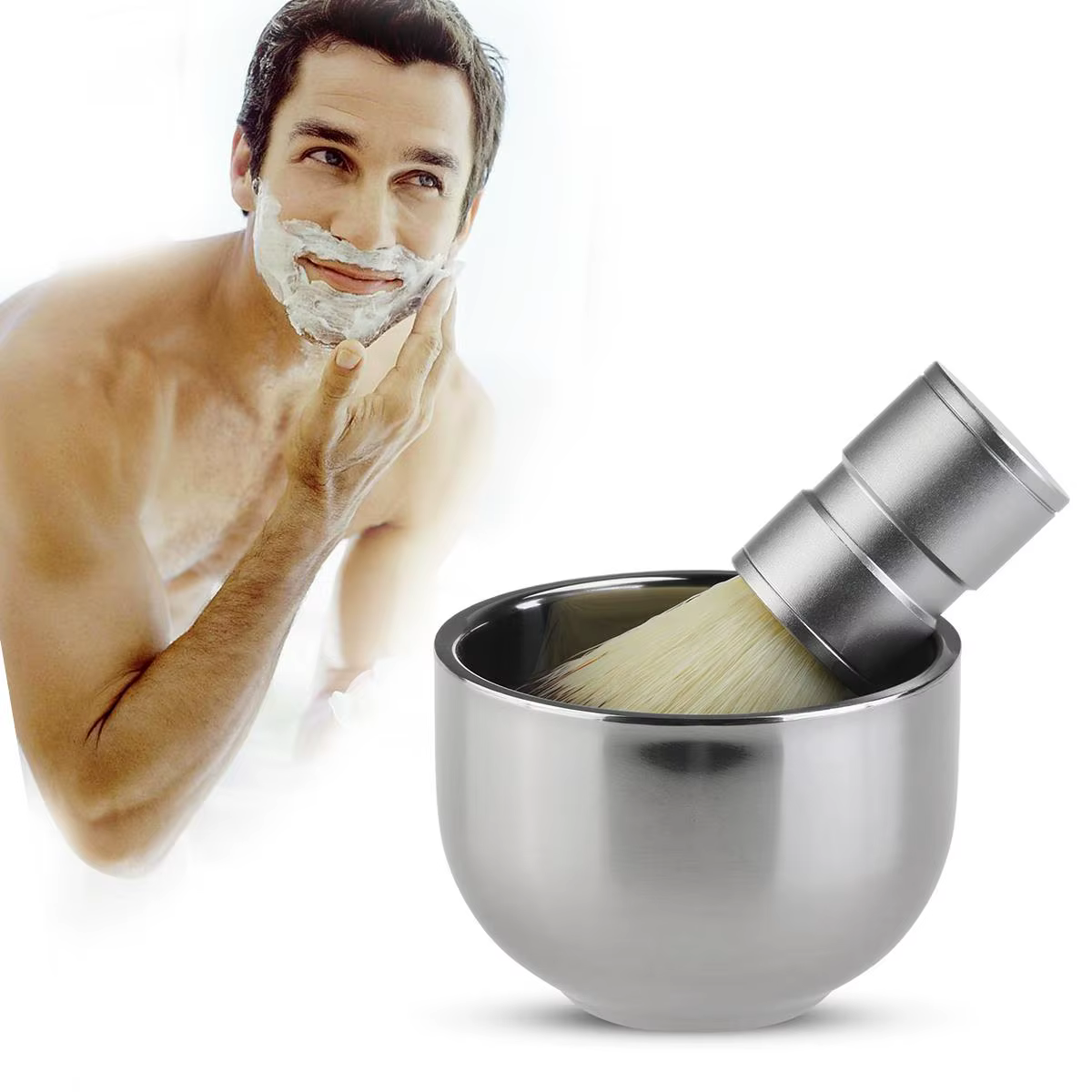 Ensemble bol et brosse à raser en acier inoxydable
