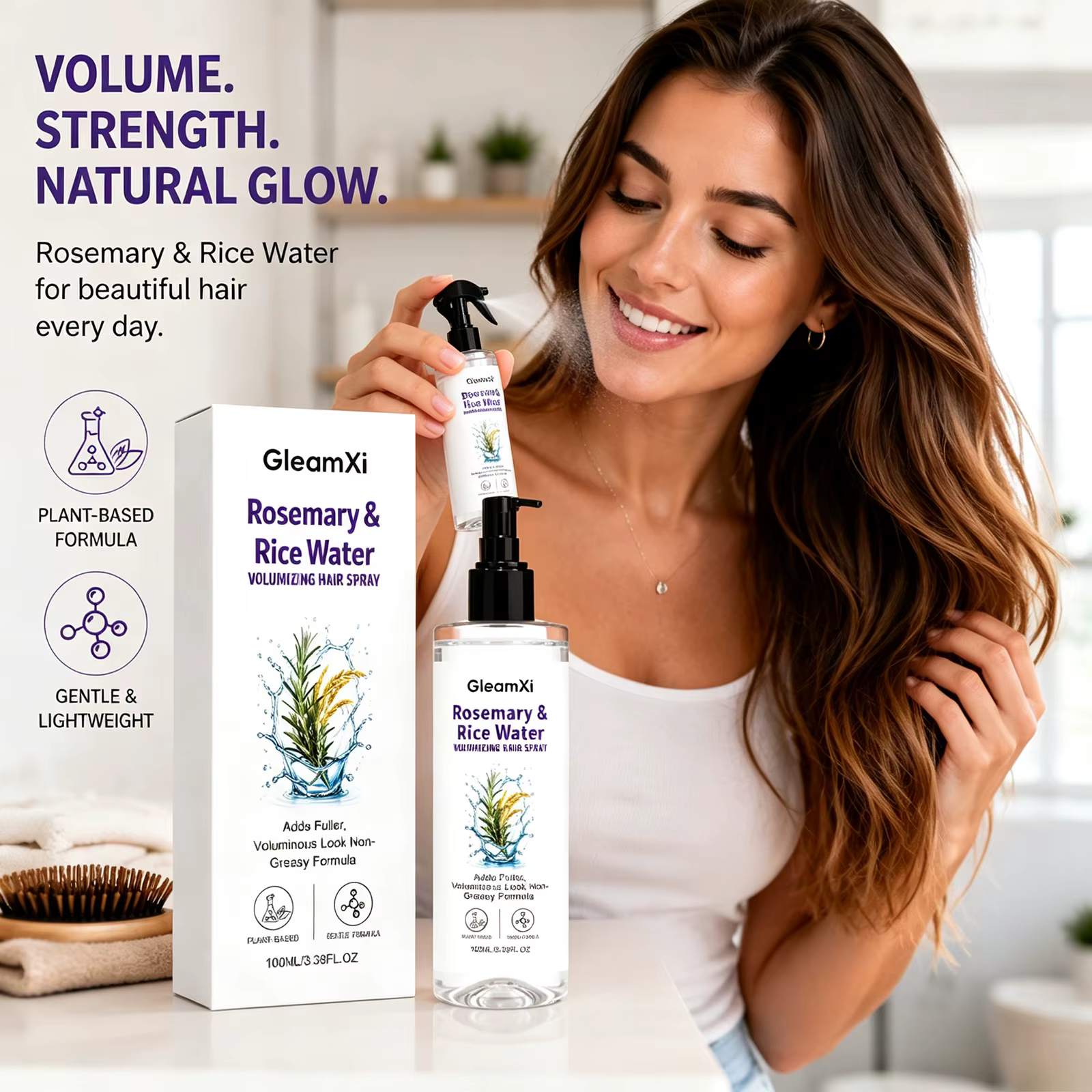 Spray Volumisant pour Cheveux à l'Eau de Riz et Extrait de Romarin – Brume Volumisante à Base de Plantes Non Grasse pour Cheveux Fins et Légers