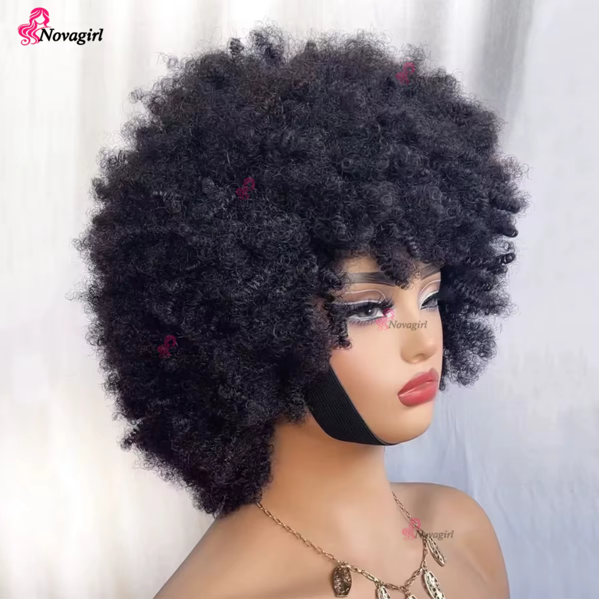 Perruque afro des années 70 pour femmes, perruque afro courte bouclée crépue noire naturelle, perruque sans colle avec frange, perruque afro volumineuse et rebondissante