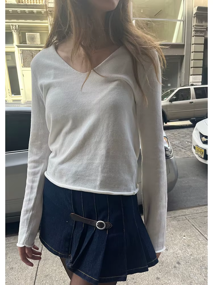 T-shirt en coton uni à col en V pour femme, manches longues, streetwear vintage, t-shirts mignons, t-shirts décontractés, simple, bleu marine, garniture brute, automne