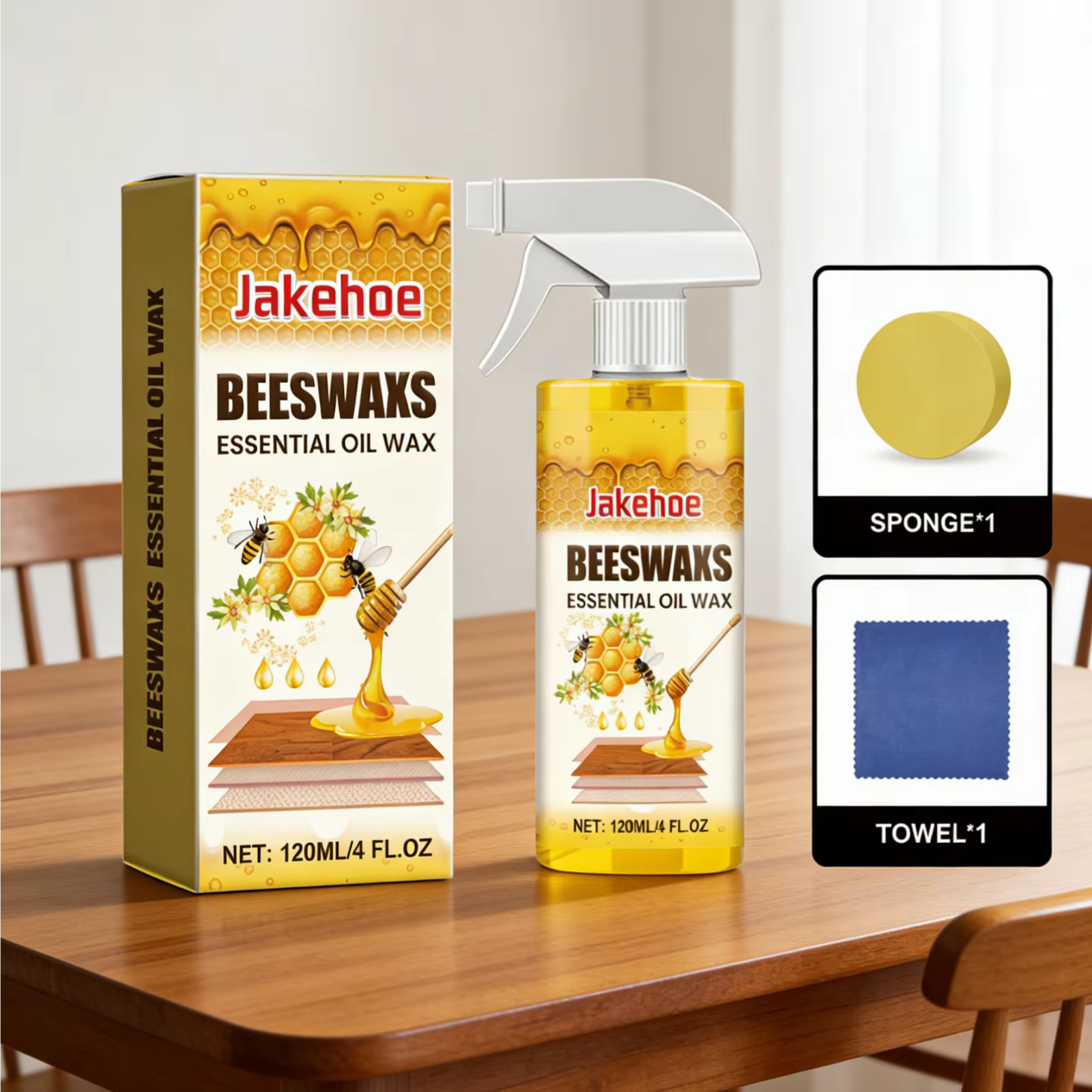 Jakehoe Cire d'abeille et Huile Essentielle pour Portes de Placards, Sols, Élimination des Taches, Nourrissant en Profondeur, Spray Polissant pour Bois avec Éponge et Serviette