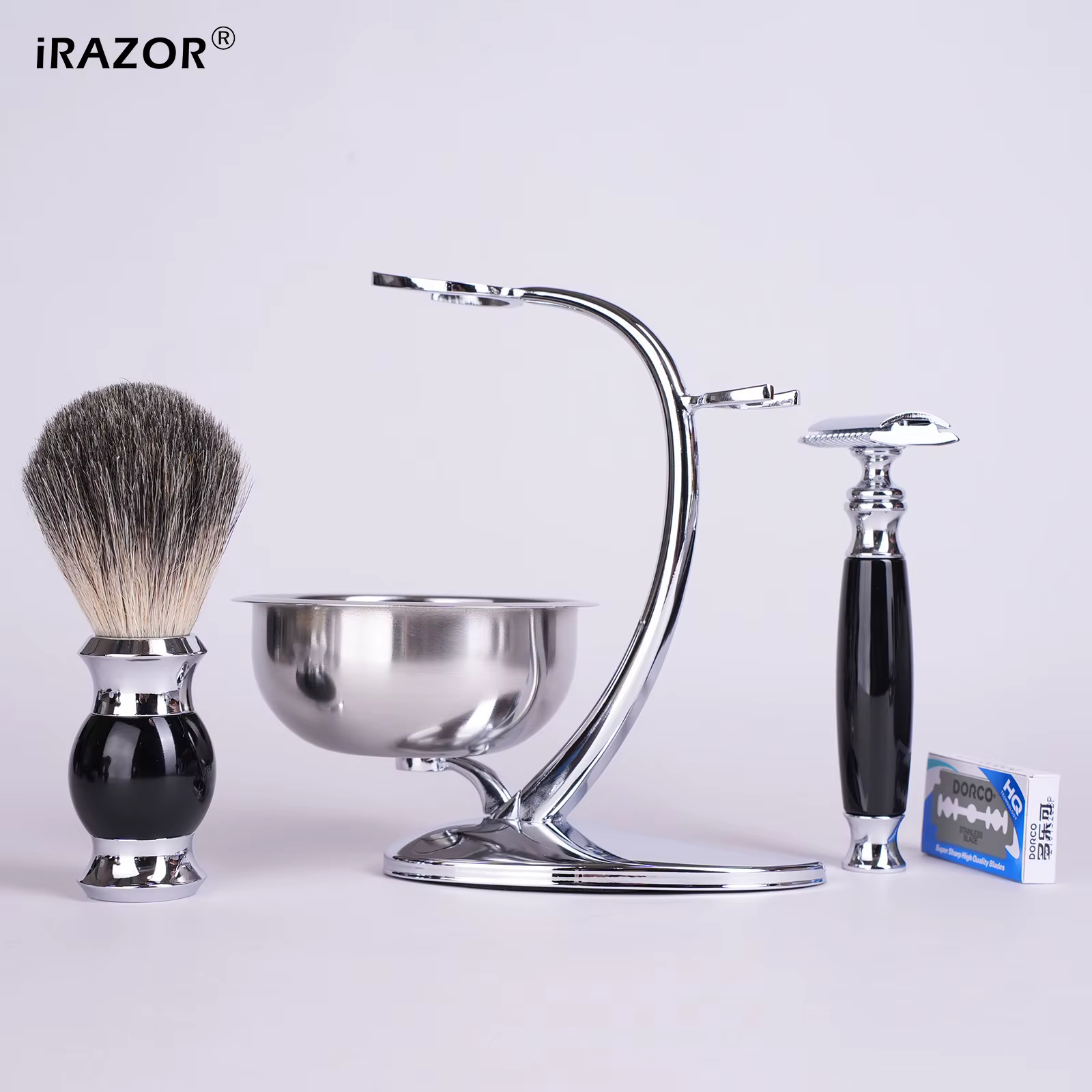 IRAZOR Kit de rasage humide pour homme avec rasoir manuel Brosse à cheveux de blaireau Bol à savon et support - Cadeau