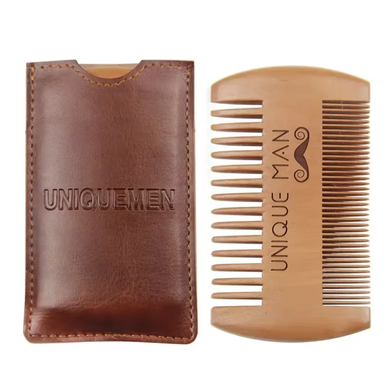 Peigne à barbe en bois pour hommes avec étui en cuir