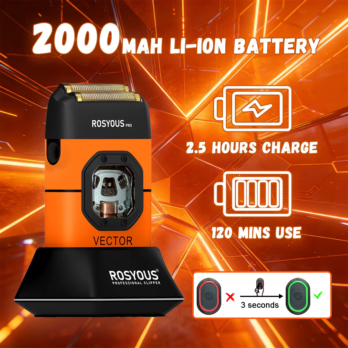 ROSYOUS RS-999 Rasoir Électrique Homme 13000RPM Moteur Magnétique Vectoriel Entièrement Métallique avec Station de Recharge 2000mAh Tondeuse à Barbe Professionnelle pour Barbier