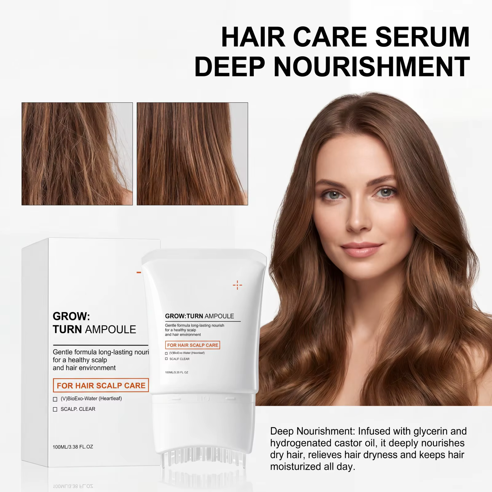Sérum capillaire nourrissant en profondeur pour cheveux secs, réparation et coiffage volumineux, léger, 100 ml, avec brosse masseur intégrée