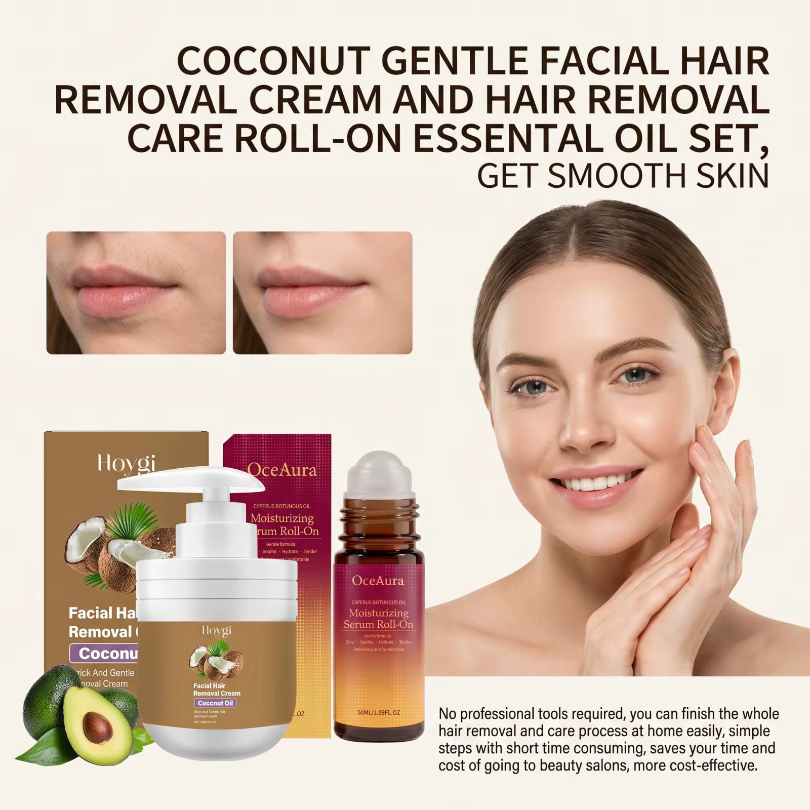 Crème dépilatoire visage et huile roll-on après-épilation – Formule douce à la noix de coco pour une peau lisse et
