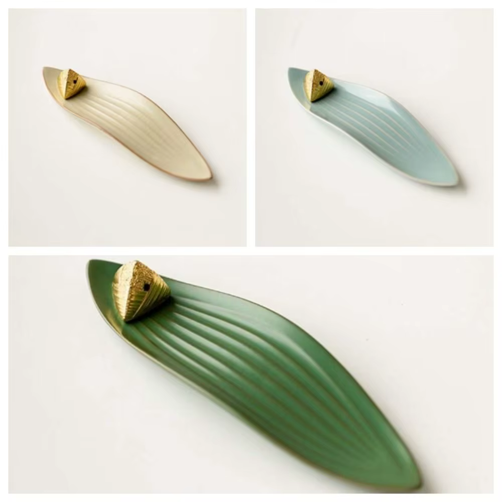 Porte-encens en céramique en forme de bateau Zongzi, mini brûleur d'encens avec base en feuille de Zongzi, ornement d'aromathérapie robuste