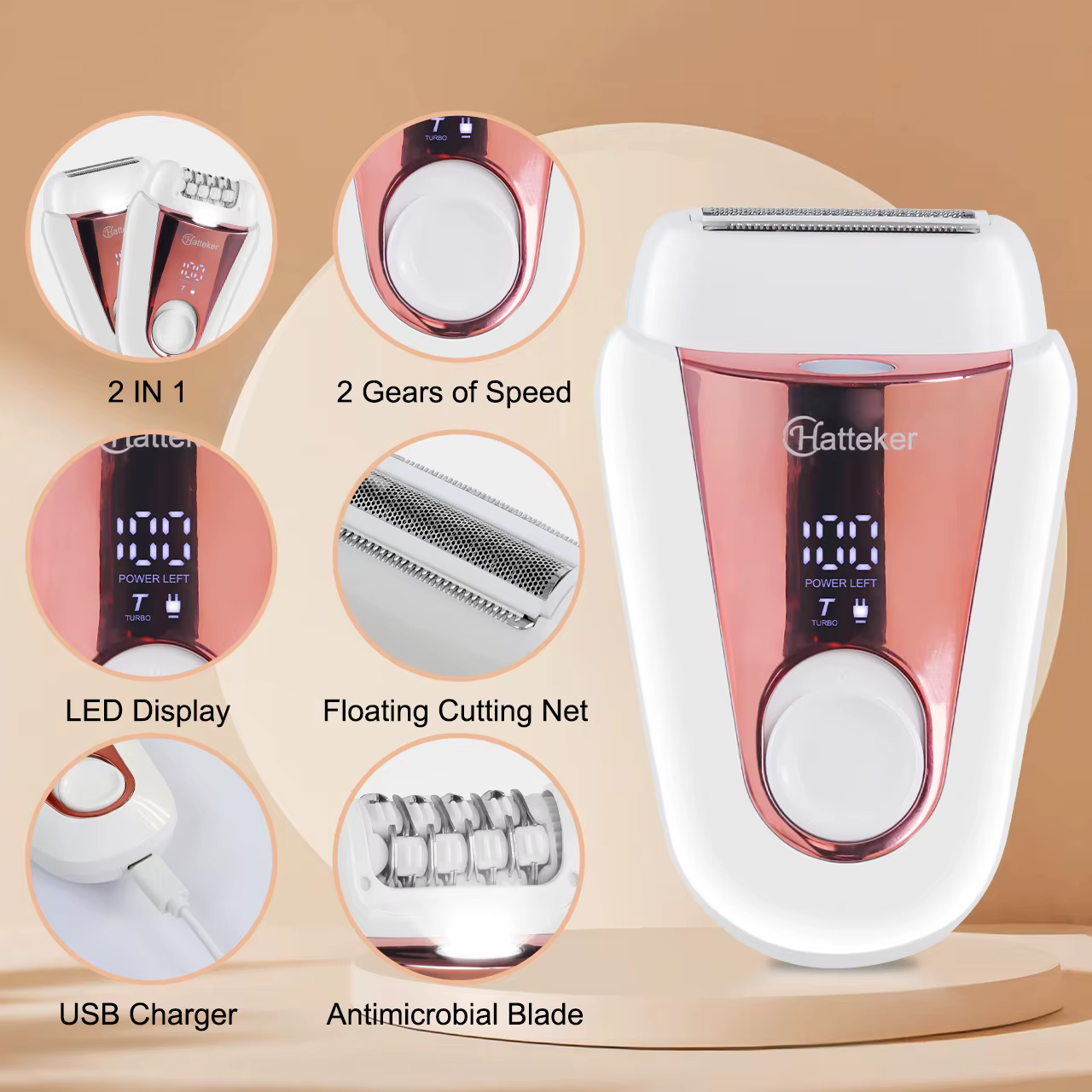 Épilateur rechargeable 2-en-1 Hatteker pour femme