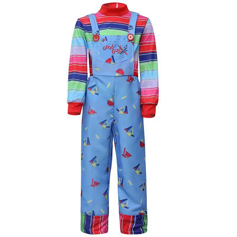 Costume de poupée d'horreur pour adultes, haut rayé coloré, salopette, robe, tenue rétro à thème de jouet effrayant pour fête d'Halloween