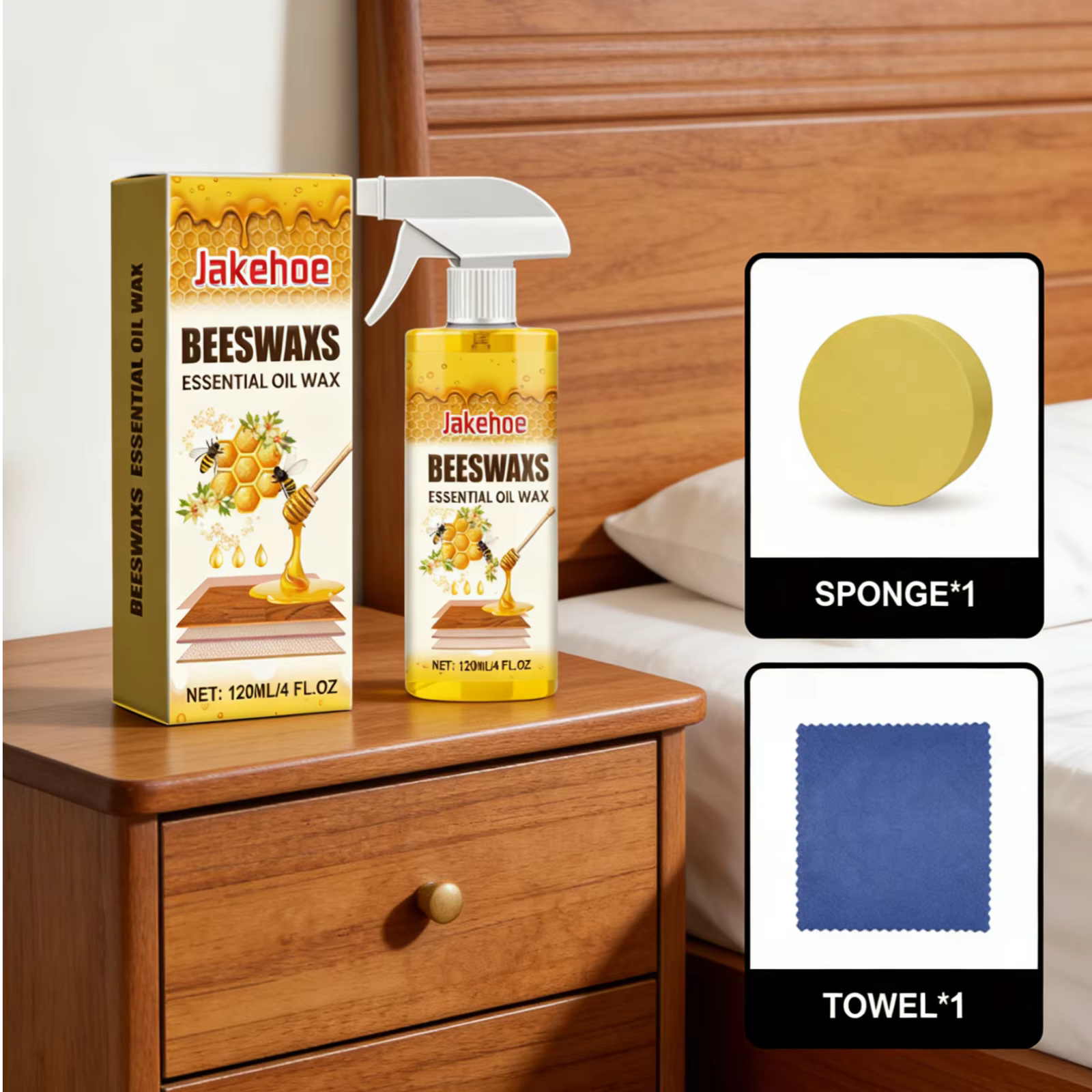 Jakehoe Cire d'abeille et Huile Essentielle pour Portes de Placards, Sols, Élimination des Taches, Nourrissant en Profondeur, Spray Polissant pour Bois avec Éponge et Serviette