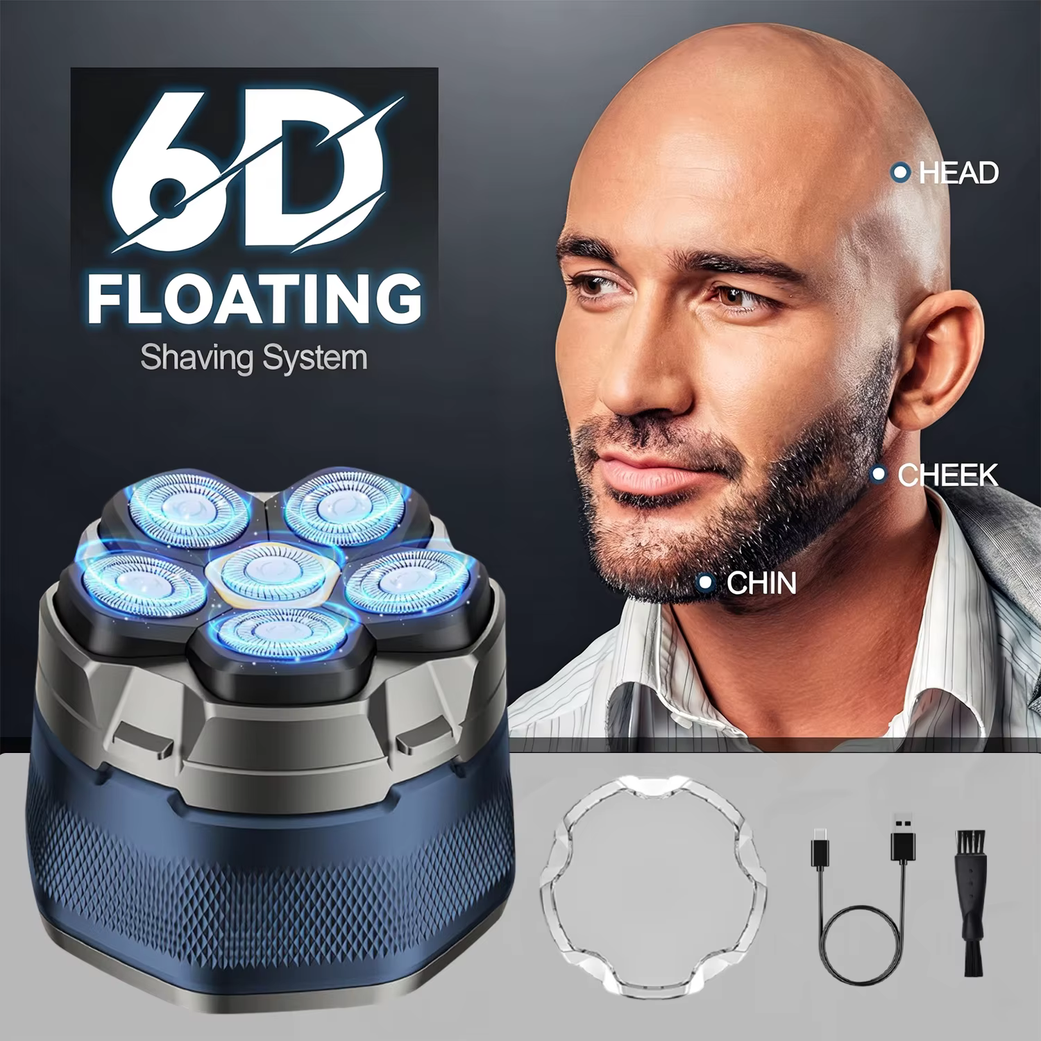 Tondeuse à cheveux électrique pour hommes chauves avec têtes flottantes magnétiques 6D