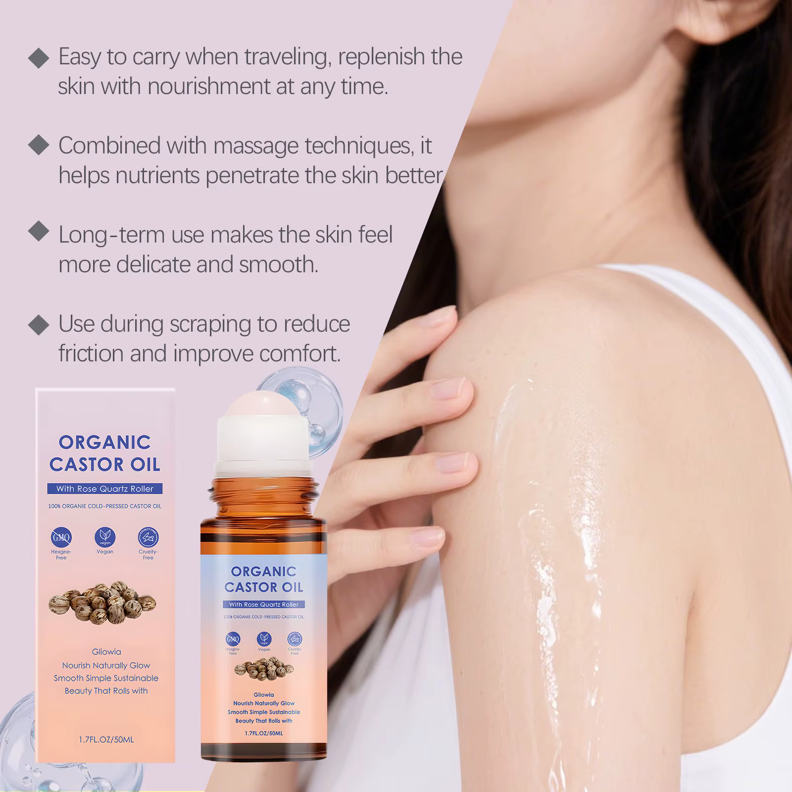 Huile de ricin biologique avec rouleau en quartz rose pour le soin du visage et du corps