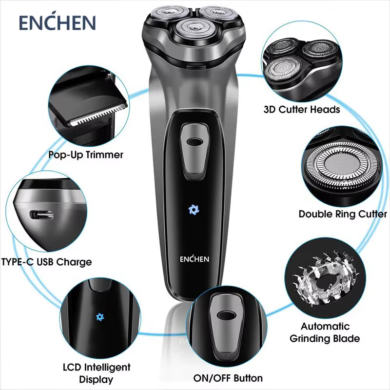 ENCHEN Blackstone Électrique Rasoir Rotatif pour Hommes 3D Flottant Lame Lavable Type-c USB Rechargeable Rasage Barbe Machine