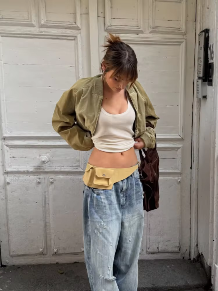 Blousons Bomber Courts Kaki pour Femme, Col Revers, Fermeture Éclair Intégrale, Détails Poches, Manches Longues, Style Streetwear Décontracté Y2K