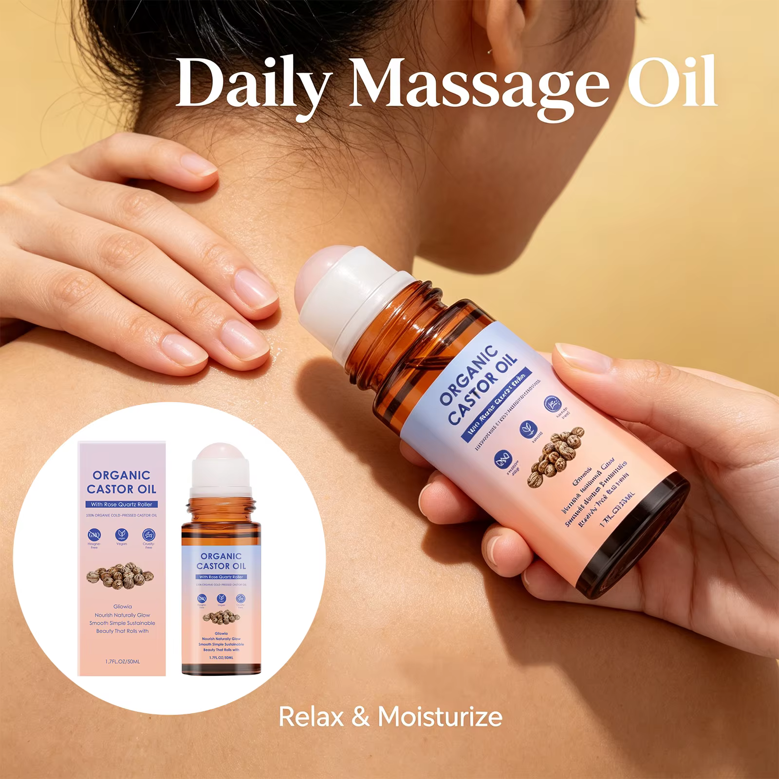 Huile de ricin biologique avec rouleau en quartz rose pour le soin du visage et du corps