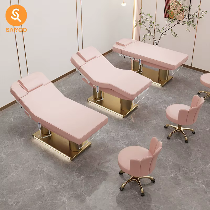 Lit de massage de beauté en cuir rose à 4 moteurs de luxe avec base en acier inoxydable à double cylindre