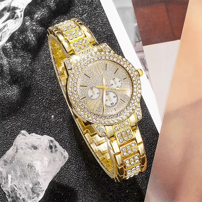 Montre à Quartz Dorée de Luxe pour Femme, Ensemble de Bijoux, Bague, Collier, Boucles d'Oreilles, Strass, Mode Décontractée