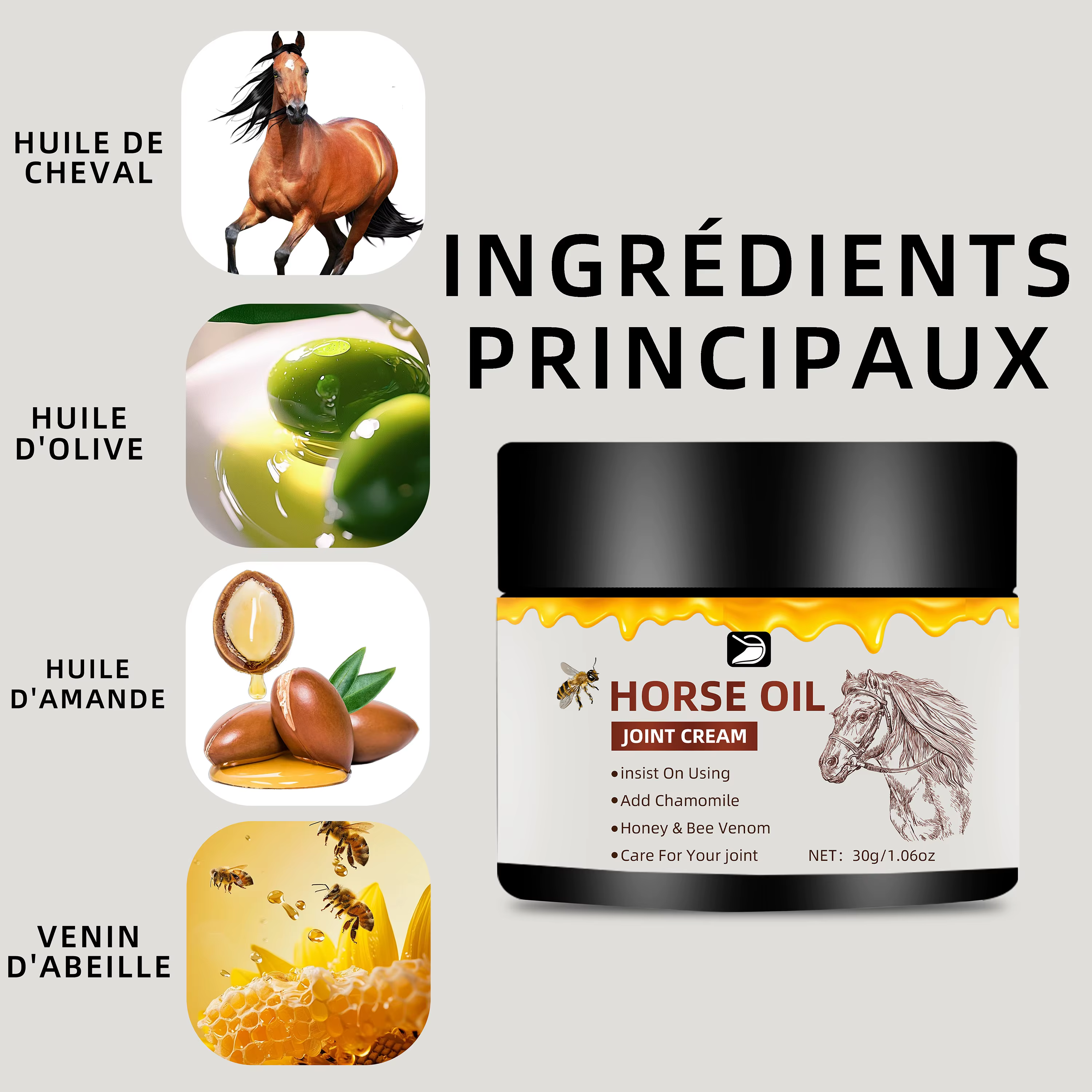 Crème aux Huiles de Cheval pour Articulations - Hydratante à Absorption Rapide, Non Grasse. Pour Coudes, Genoux et Corps. Sans Parfum, Tous Types de Peau. 30g/50g