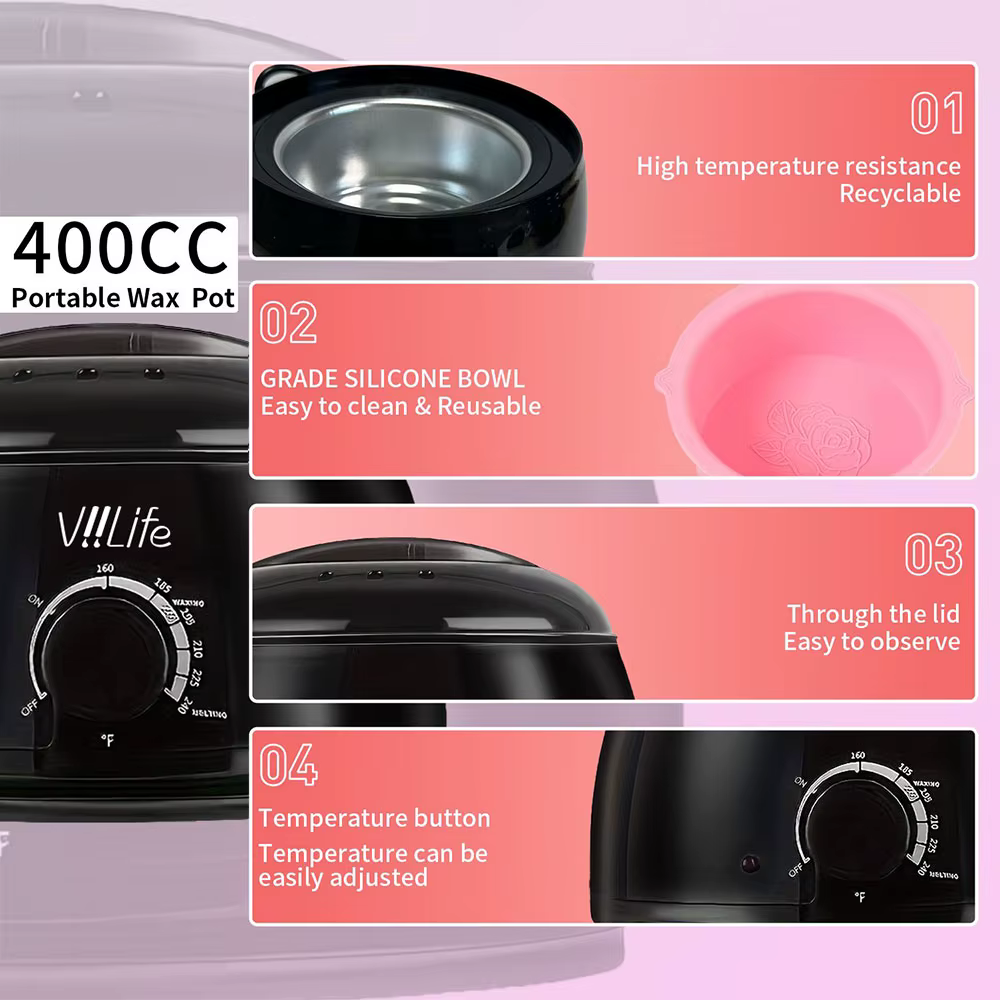 [US Plug] Viilife 200ml Machine de fusion de cire noire ensemble de haricots