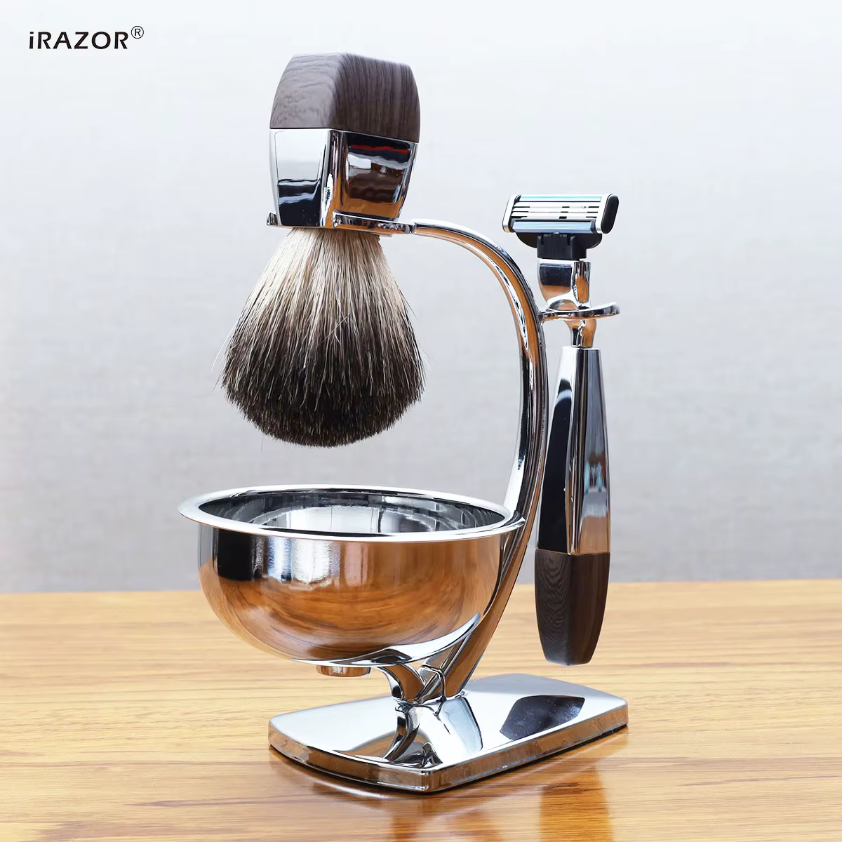 IRAZOR Kit de rasage humide professionnel pour hommes Mach 3 rasoir blaireau brosse à cheveux support