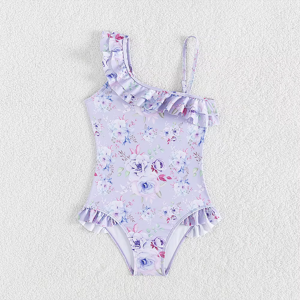 Maillot de bain une pièce pour adolescentes de 5 à 14 ans, imprimé Floral, à volants, manches volantes, vêtements de plage violets pour filles, été