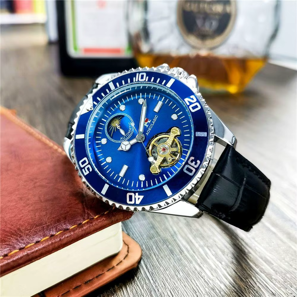 Montre mécanique pour hommes de la série Luxe, remontage automatique, design squelette, cadran rond, bracelet en cuir, mode haut de gamme, décontractée, montre polyvalente pour hommes, le meilleur cad