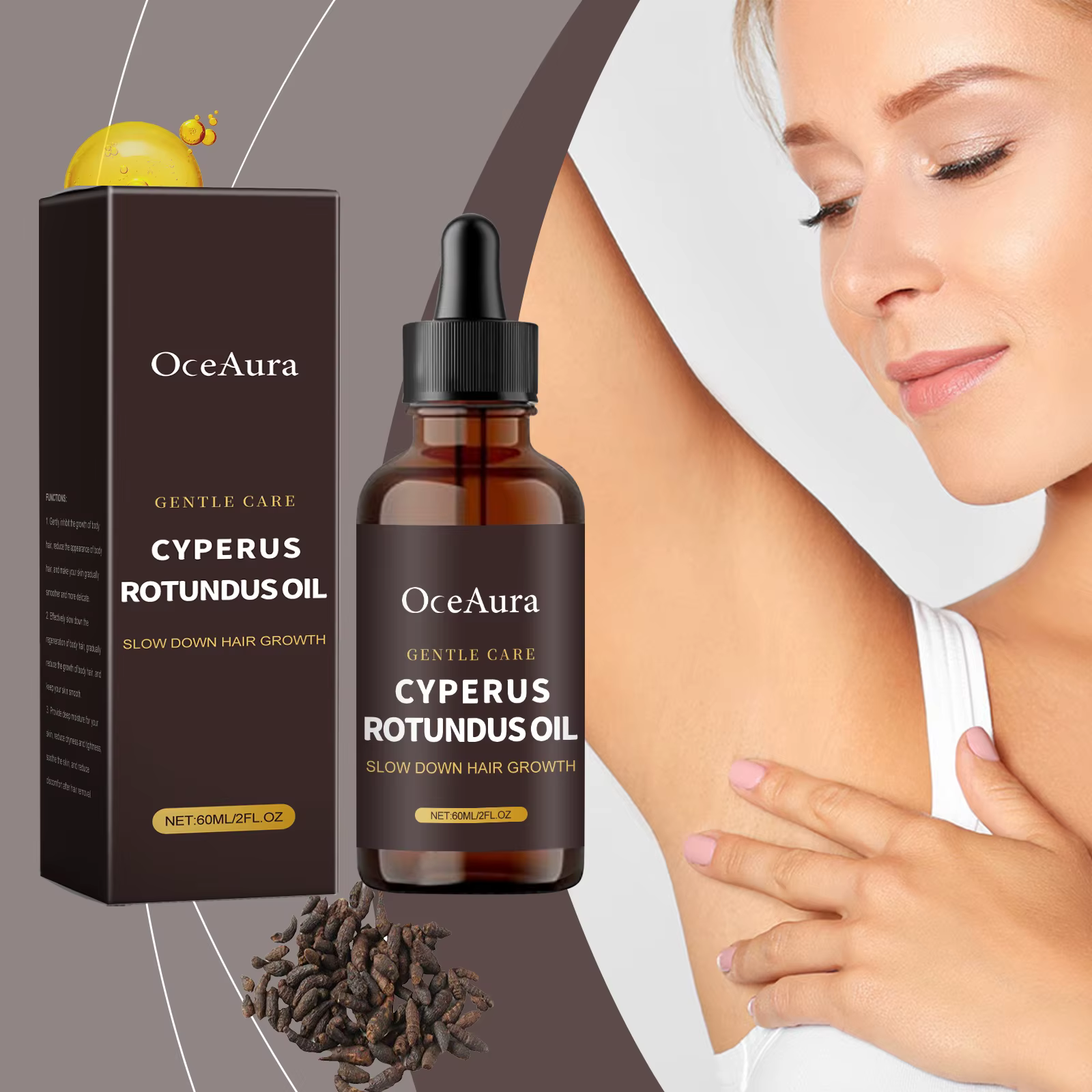 Inhibe la croissance des cheveux Cyperus Rotundus huile épilation indolore ralentissent les aisselles jambes bras