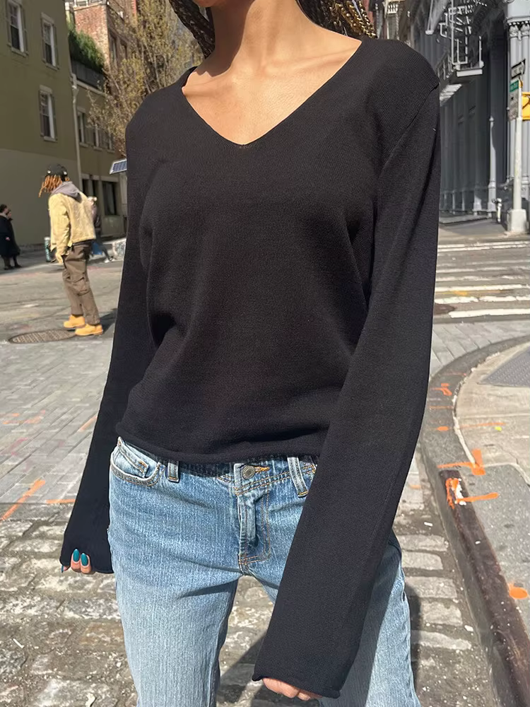 T-shirt en coton uni à col en V pour femme, manches longues, streetwear vintage, t-shirts mignons, t-shirts décontractés, simple, bleu marine, garniture brute, automne