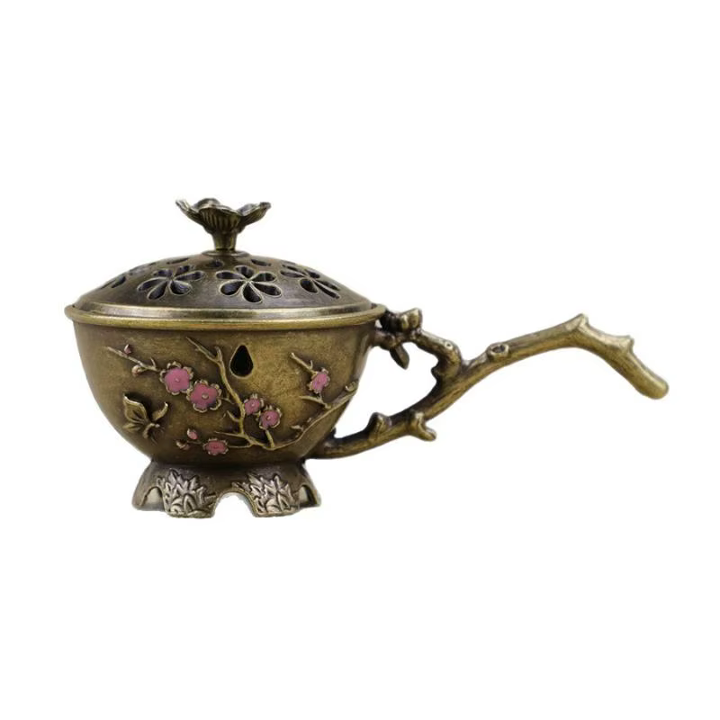 Brûleur d'encens en alliage de zinc creux en forme de fleur de prunier avec poignée, porte-encens rétro, décoration artisanale pour la maison