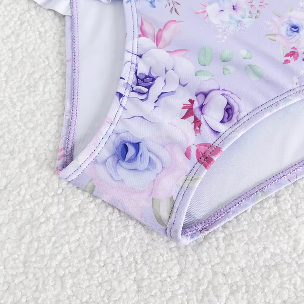 Maillot de bain une pièce pour adolescentes de 5 à 14 ans, imprimé Floral, à volants, manches volantes, vêtements de plage violets pour filles, été