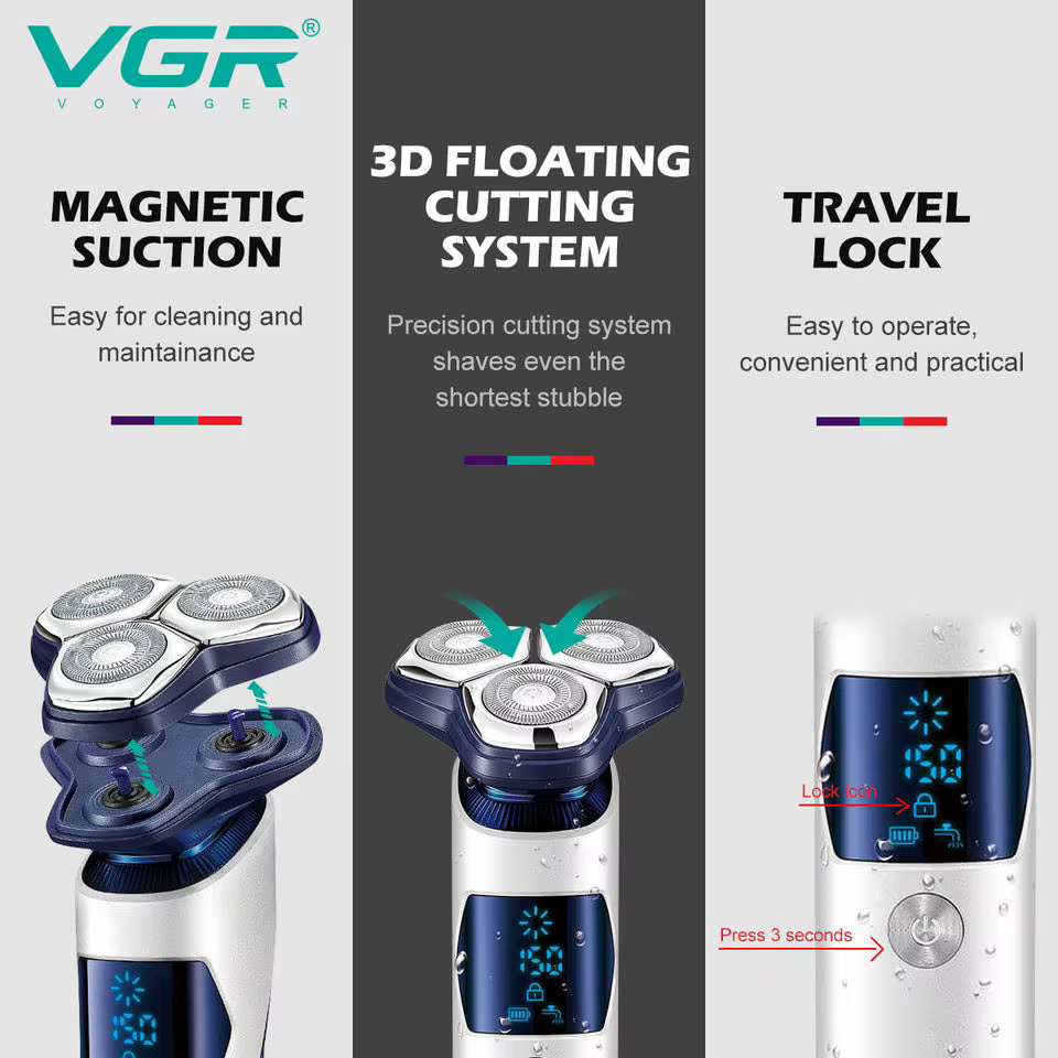 VGR 3D Pro rasoir électrique pour hommes lavable barbe rotatif