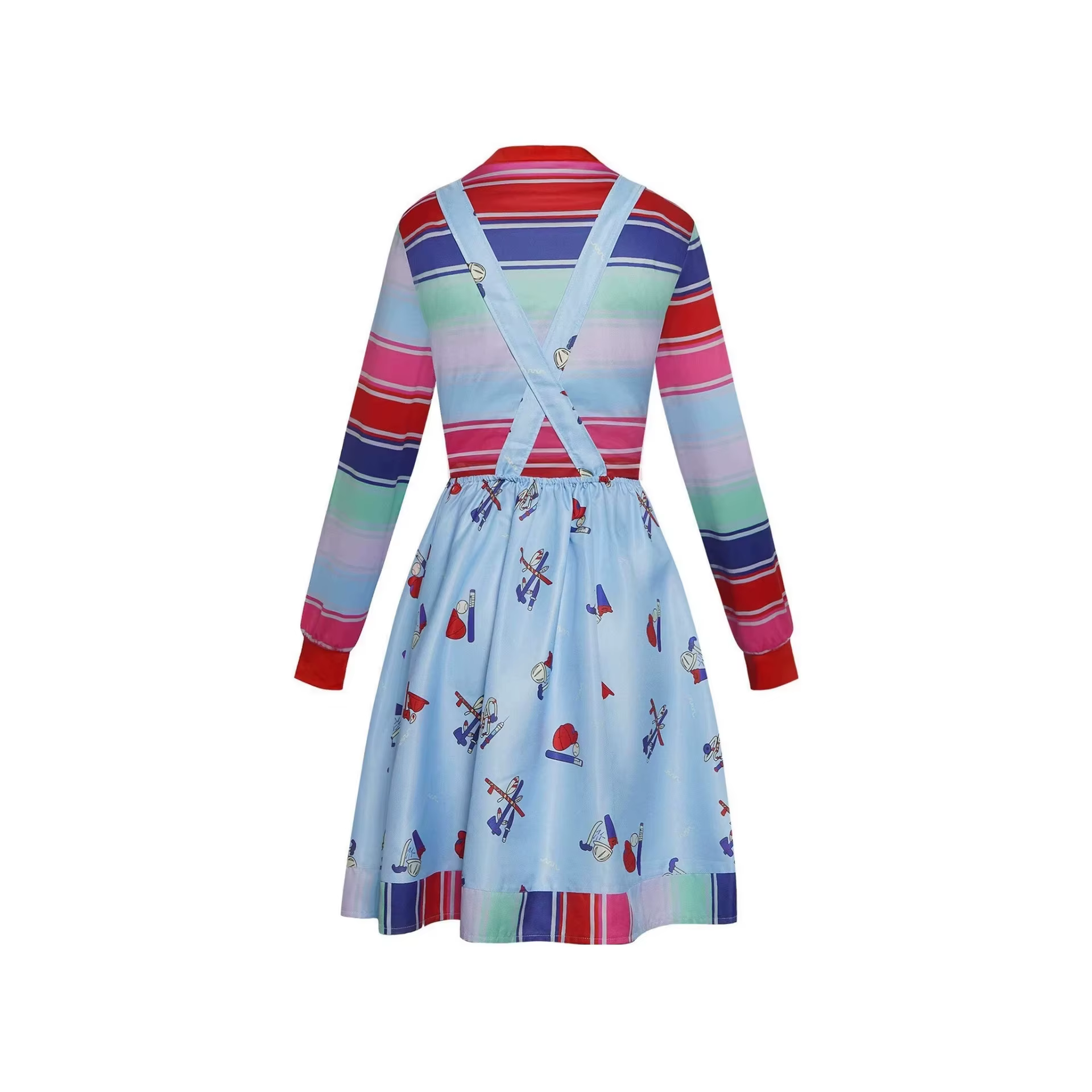 Costume de poupée d'horreur pour adultes, haut rayé coloré, salopette, robe, tenue rétro à thème de jouet effrayant pour fête d'Halloween