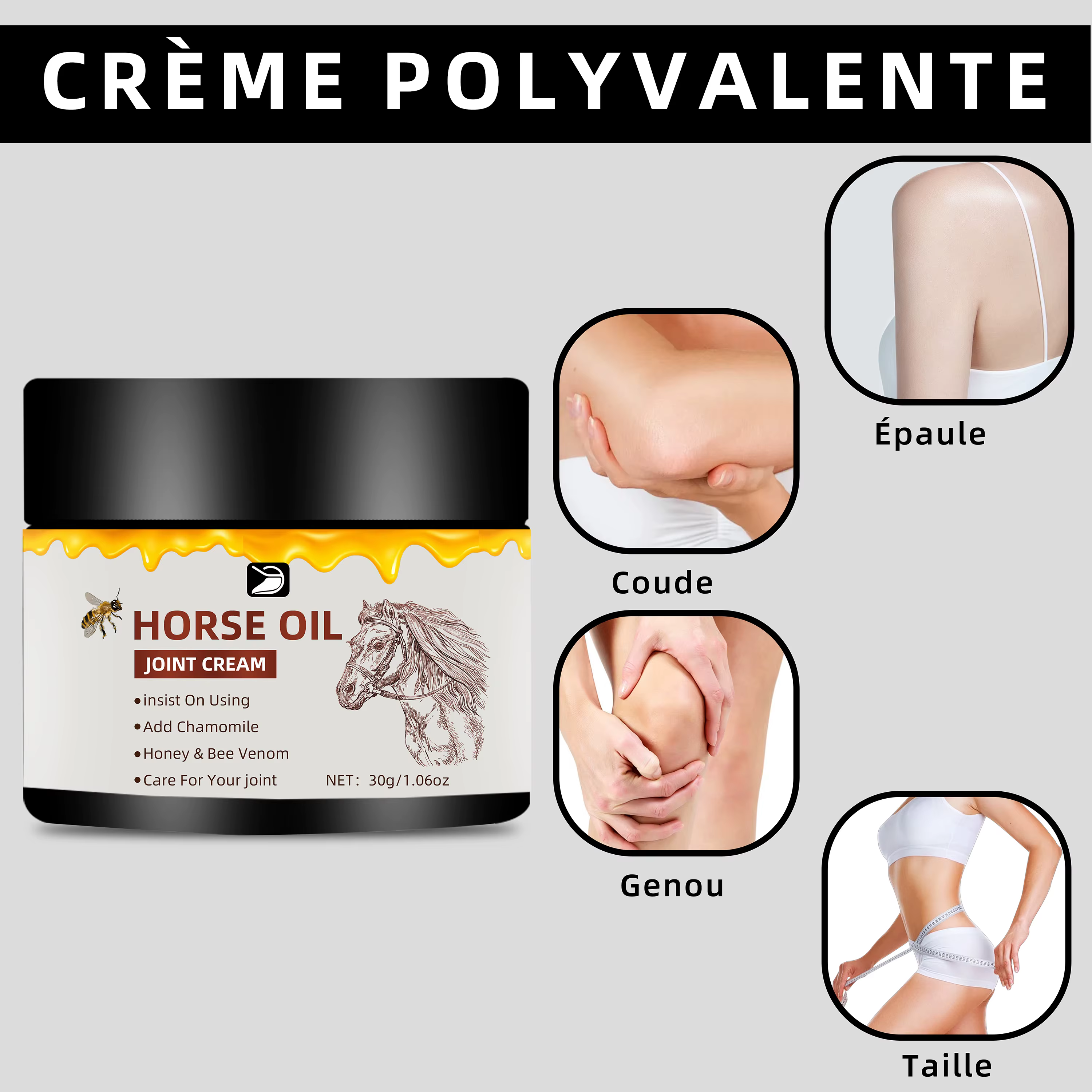 Crème aux Huiles de Cheval pour Articulations - Hydratante à Absorption Rapide, Non Grasse. Pour Coudes, Genoux et Corps. Sans Parfum, Tous Types de Peau. 30g/50g